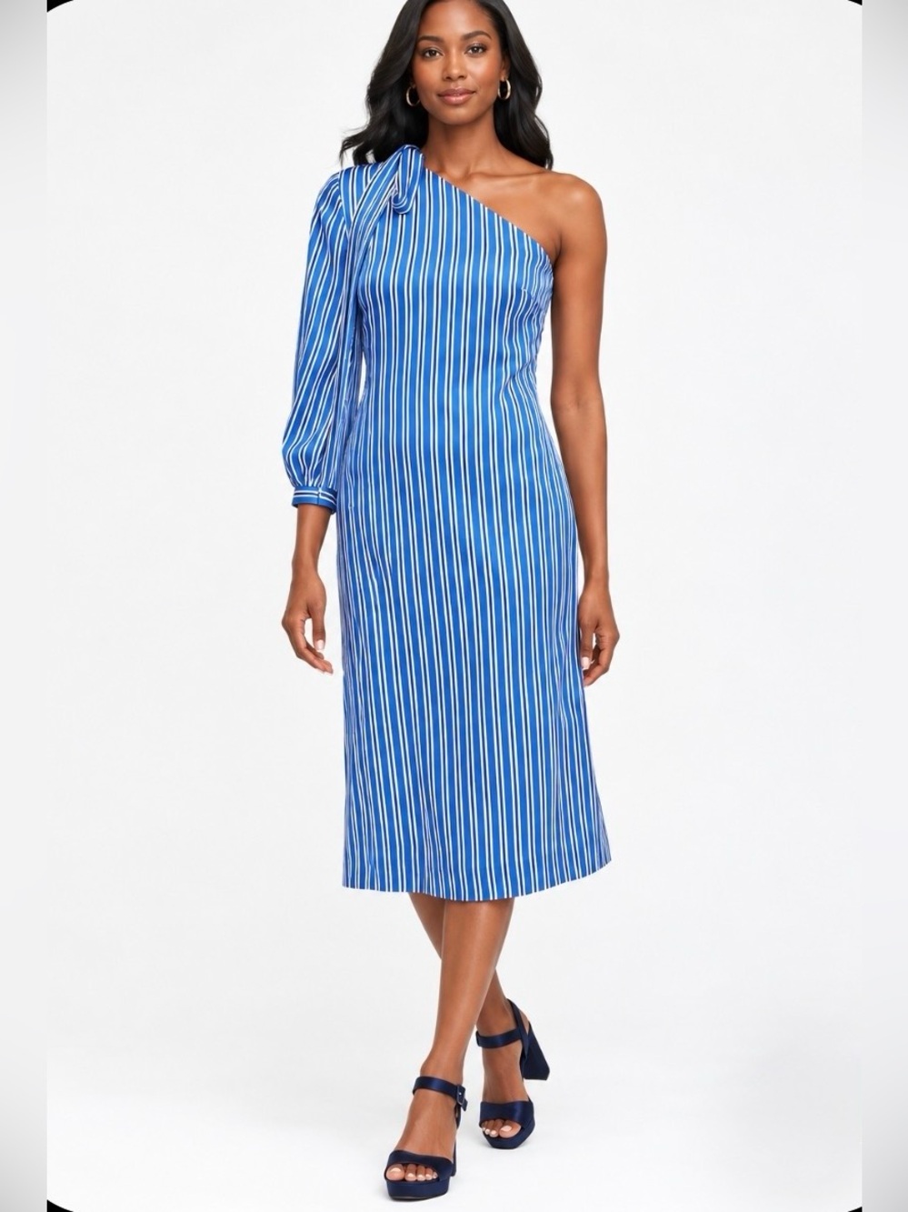 NWT Banana Republic Blue White Stripe One Shoulder Bow Midi Dress Size: 14